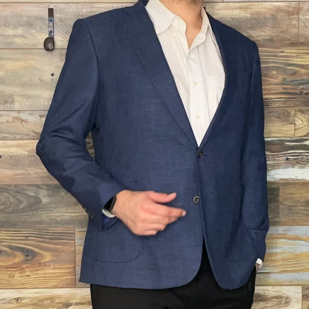 Stafford Classic Fit Blue Plaid Elbow Patches Dual Vent Blazer Sport Jacket 48R